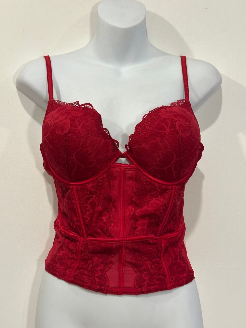 Primark Scarlet Red Floral Lace Corset Bustier Crop Top Cutout Back 36B